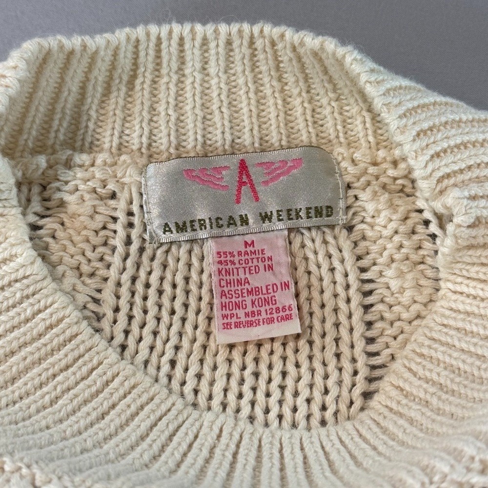 Vintage 90s American Weekend Sweater M Floral Embroidered Cable Knit Ramie - Picture 3 of 6